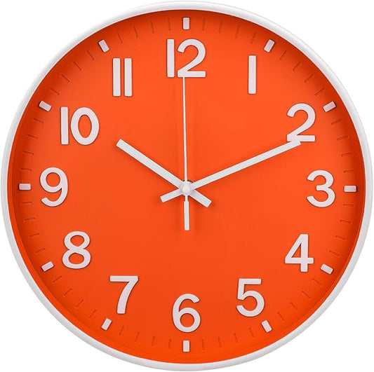 Wall Clock 12 Inch Orange Modern Simple Quartz Decorative Clock Non-Ticking Silent Battery Operated Round Wall Clocks Trendy and Practical Best Gift for Living Room Bedroom Kitchen Office