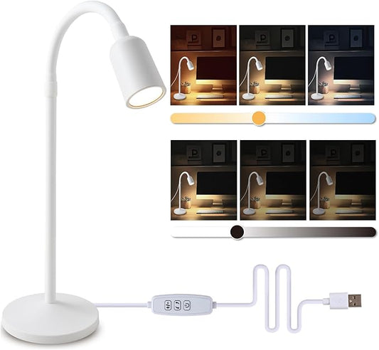 DAMI Dimmable LED Desk Lamp USB Powered, 3 Color Modes Flexible Gooseneck Reading Light, Eye-Caring Small Table Lamp for Home Office Study Bedroom Dorm Bedside - White