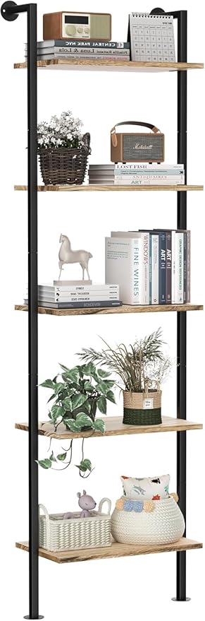 5-Tier Bookshelf Solid Wood Ladder Shelf, Narrow Book Shelf Display Shelf, Wooden Bookcase, Wall Mount Ladder Shelf, Storage Rack for Living Room, Bedroom, Industrial Style, Rustic Brown