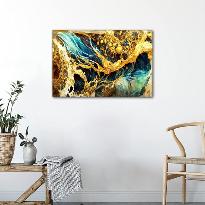 Abstract Wall Art for Men Modern 1 Panel Canvas Marble Artwork Alcohol Ink With Gold Illustration Poster Fashion Backdrop Picture for Living Room Bedroom Office Wall Decor Framed to Hang 36x24 in