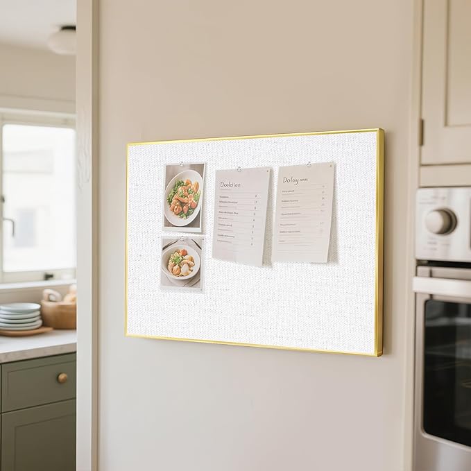Linen Bulletin Board, 36"x24", White Cork Board for Wall, Gold Aluminum Frame, Upgraded Canvas Pinning Surface, 10 Push Pins, White