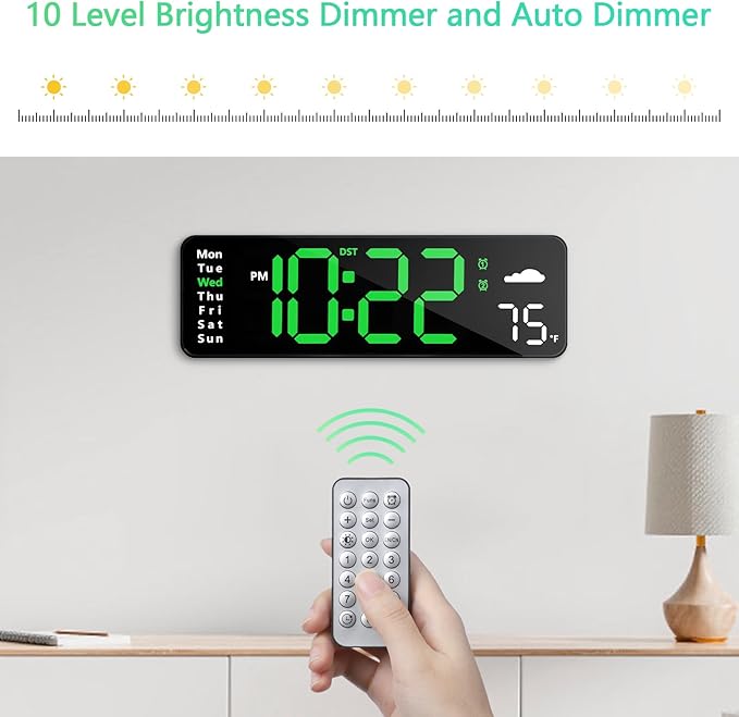 Digital Wall Clock with Remote Control, Large Display Plug in LED Digital Alarm Clocks with 12/24Hr, Date, Week, DST, Timing, Countdown, Temperature for Living Room, Bedroom, Office Wall Decor (Green)