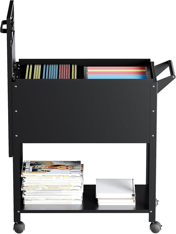 Mobile File Cabinet, 2-Tier Rolling File Cart with Wheels Hanging Files, Metal File Cabinets with Lock and Sliding Covers for A4/Letter/Legal Size, Black