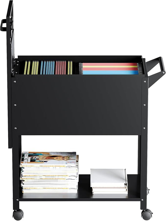 Mobile File Cabinet, 2-Tier Rolling File Cart with Wheels Hanging Files, Metal File Cabinets with Lock and Sliding Covers for A4/Letter/Legal Size, Black
