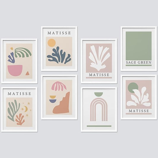 SIGNWIN Framed Poster Wall Art Set of Collage Henri Matisse Pastel Plant Blocks Nature Abstract Illustrations for Living Room, Bedroom, Office - 8"x10"x 8 White