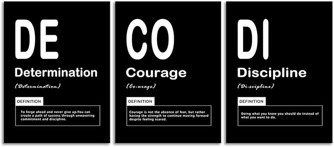 Inspirational Painting Wall Art 3 Pieces Canvas Print Office Wall Decor Discipline Determination Courage Noun Poster Artwork Inspiring Framed Motivational Quotes for Wall Art Decor [36" W X 16" H]