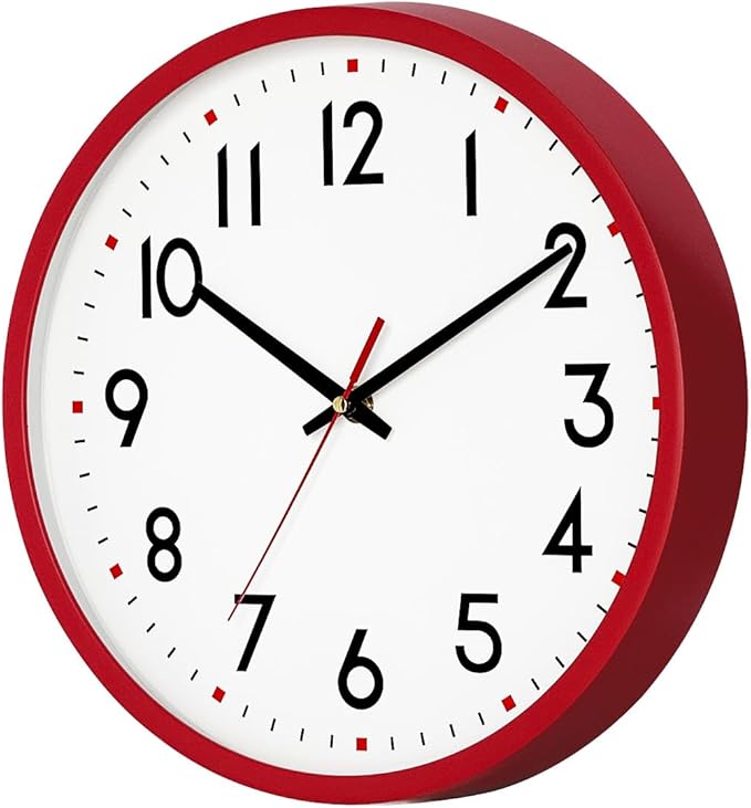 HZDHCLH Wall Clock Red,Silent Wall Clocks Battery Operated 10 Inch Modern Non Ticking Analog Clock Decorative for Kitchen Bedroom Living Room Office Classroom