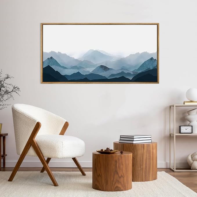 Blue Mountain Wall Art Fog Mountain Wall Decor Minimalist Mountain Artwork Blue Wall Art Decor 20x40 Inches Framed Mountains Art Minimalist Landscape Paintings Large Landscape Artwork for Bedroom Living Room Office Decor