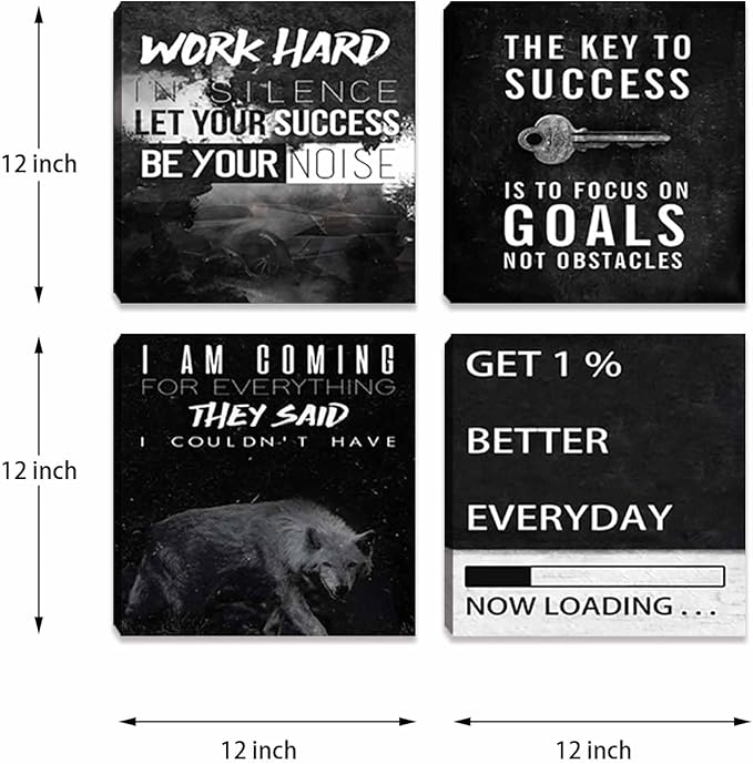 Halioyo Motivational Wall Art Decor, 4 Panel Inspirational Canvas Prints, Positive Quotes Workspace Painting Posters for Living Room Bedroom Home Office Success Wall Art, 12x12-inch