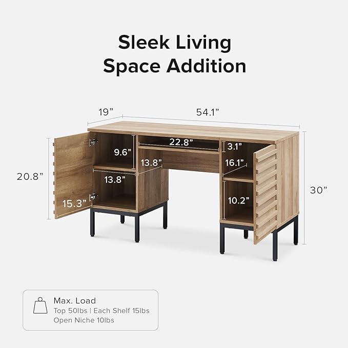 mopio Norwin Executive Desk, Modern Industrial Farmhouse Desks for Home Office, with Sturdy Metal Legs, Fluted Panel Dual Cabinet