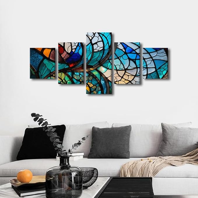 Canvas Wall Art Modern 5 Panel Abstract Wall Art Stained Glass Window Poster Canvas Art Colorful Flower Canvas Art for Lady Room Canvas Wall Decoration Stretched and Framed Ready to Hang 50x24 in