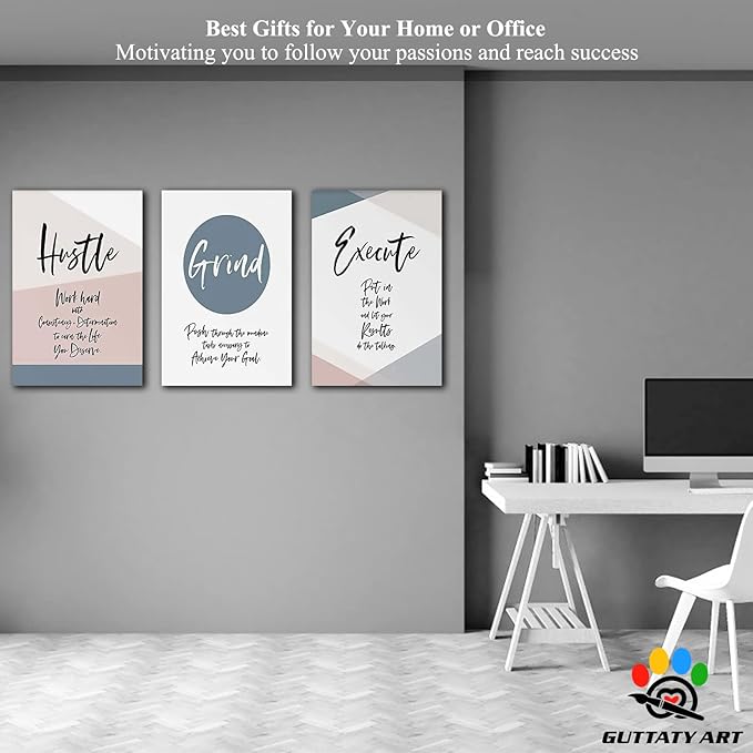 Office Wall Art - 3 Panel Motivational Wall Art, Inspirational Quotes Canvas Art for Home Office Wall Decor, Positive Quotes Wall Decor, Entrepreneur Grind Hustle Execution Poster Frame (24”x36”x3Pcs)