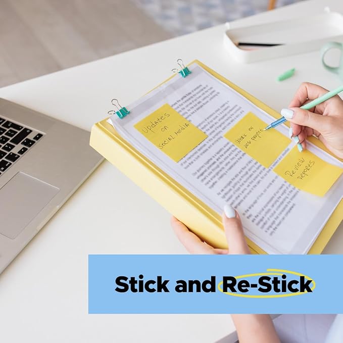 Post-it 100% Recycled Paper Super Sticky Notes, Canary Yellow, 3 in. x 3 in., 5 Sticky Note Pads, 70 Sheets per Pad, School Supplies and Office Products
