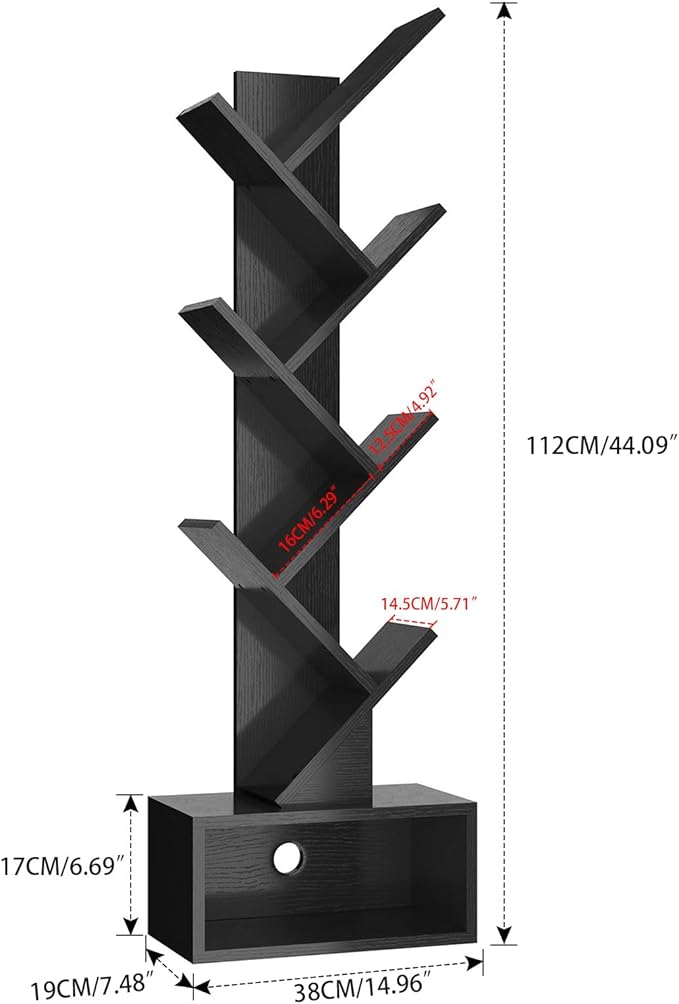 YMYNY 6 Tier Tree Bookshelf, Tall Bookcase, Wood Book Storage Rack with Drawer, Modern Floor Standing Book Shelf for Books/Movies/CDs, Utility Organizer for Living Room, Home Office, Black UHBC016B