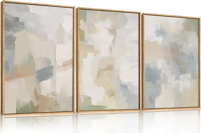 Large Abstract Gray Pastel Framed Canvas Wall Art Set,Neutral Watercolor Brush Stroke Wall Decor,Modern Minimalist Beige Illustration Artwork for Living Room,Bedroom,Dining Room -16"x24"x3