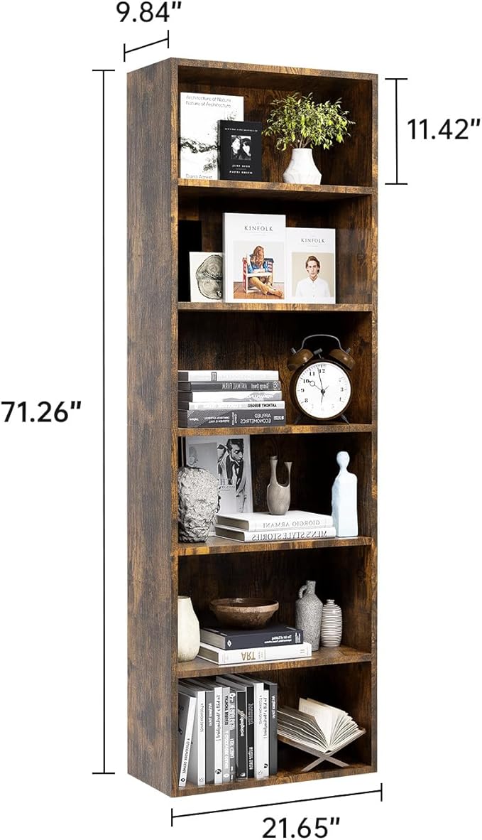 MXV Bookshelf, 6-Tier Open Bookcase, Storage Shelves, Display Storage Shelves, Floor Standing Unit, Home Decor, Furniture for Home Office, Living Room, Bedroom, Brown