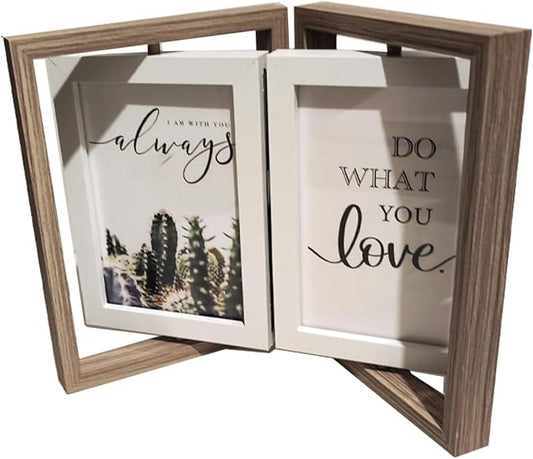 Wooden Hinged Double floating rotating Picture Frame for Photos, 4 * 6 5 * 7 vertical photo Natural Finish (grey color, 5 * 7in)