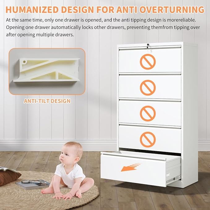 5 Drawer Lateral File Cabinet with Lock for Home Office Metal Filing Cabinet with Adjustable Hanging Rails Horizontal Filing Organization Storage Cabinet for Letter/Legal/A4/F4 Size White