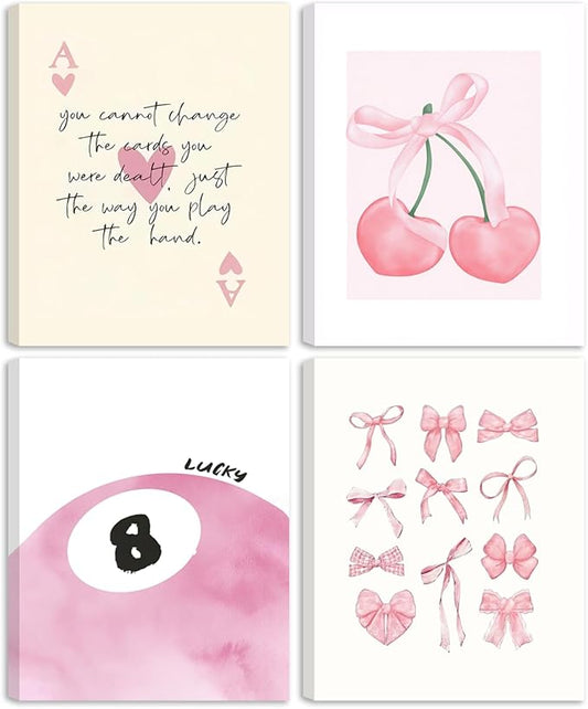 SEHSUVC Pink Coquette Y2K Lucky Wall Art Set of 4, Preppy Aesthetic Canvas Prints, Cherry Bows 8 Ball Ace Card Wall Decor for Girls Bedroom, Dorm, Vanity, for Home Decor 8x10in Framed