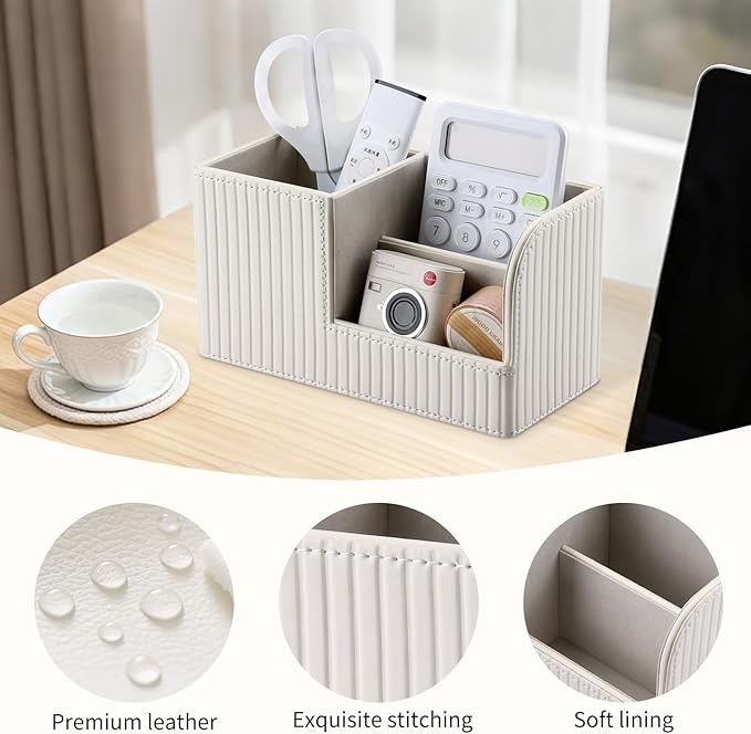 KINGFOM Desk Pen Organizer Office Supplies Caddy Pu Leather Multi-function Storage Box Pen/Pencil,Cell phone, Business Name Cards Remote Control Holder (Ivory White)