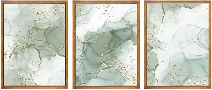 Framed Sage Green Wall Art Set of 3,Abstract Green Wall Decor Living Room,Minimalist Modern Framed Wall Art Marble Line Beige Gold Green Canvas Artwork Paintings,Boho Room Decor,Bedroom Bathroom Office Artwork,12"x16"