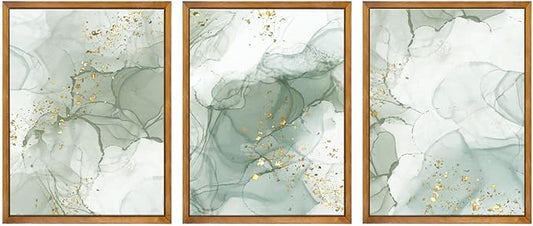 Framed Sage Green Wall Art Set of 3,Abstract Green Wall Decor Living Room,Minimalist Modern Framed Wall Art Marble Line Beige Gold Green Canvas Artwork Paintings,Boho Room Decor,Bedroom Bathroom Office Artwork,12"x16"