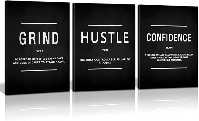 KAWAHONE Motivational Success Canvas Wall Art, Grind Hustle Confidence Wall Decor Framed Inspirational Entrepreneurs Painting Prints Quotes Poster for Office Workplace Ready to Hang