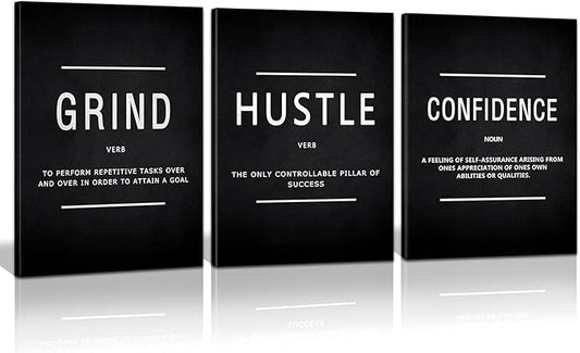 KAWAHONE Motivational Success Canvas Wall Art, Grind Hustle Confidence Wall Decor Framed Inspirational Entrepreneurs Painting Prints Quotes Poster for Office Workplace Ready to Hang