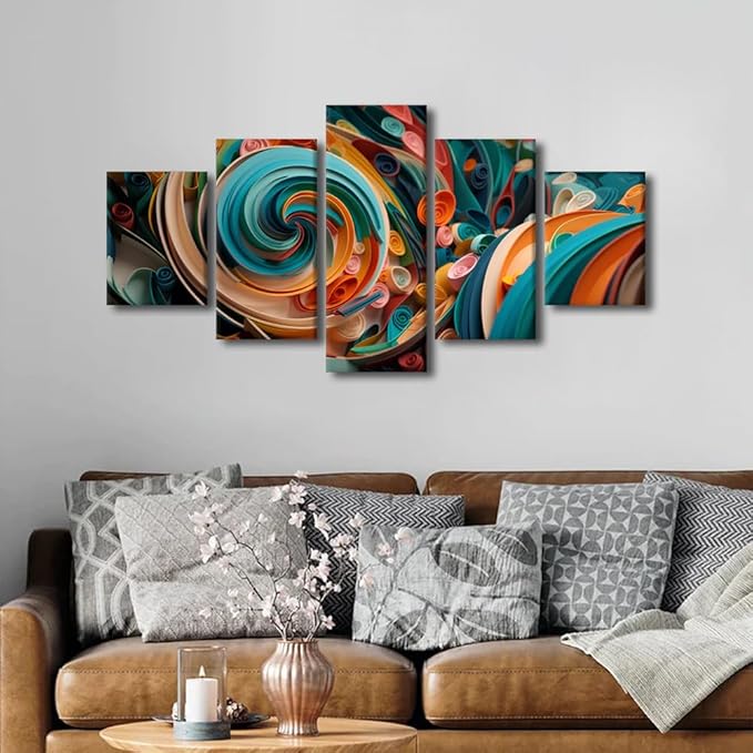 Wall Art Decor for Men Living Room Canvas Wall Art 5 Panel Abstract Canvas Wall Art Modern Colorful Paper Swirls Pster Printing for Lady Office Wall Decor Stretched and Framed Ready to Hang 60x32 in