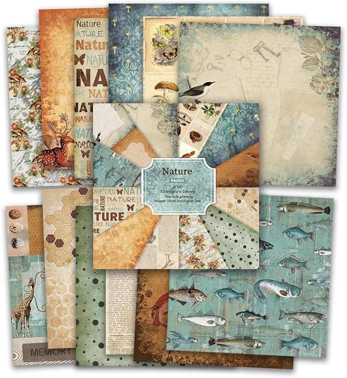 Vintage 6x6 Inch Scrapbook Paper Pad, Single-Sided 12 Unique Nature Designs, Ideal for DIY Crafting, Card Making and Journaling - 24 Sheets