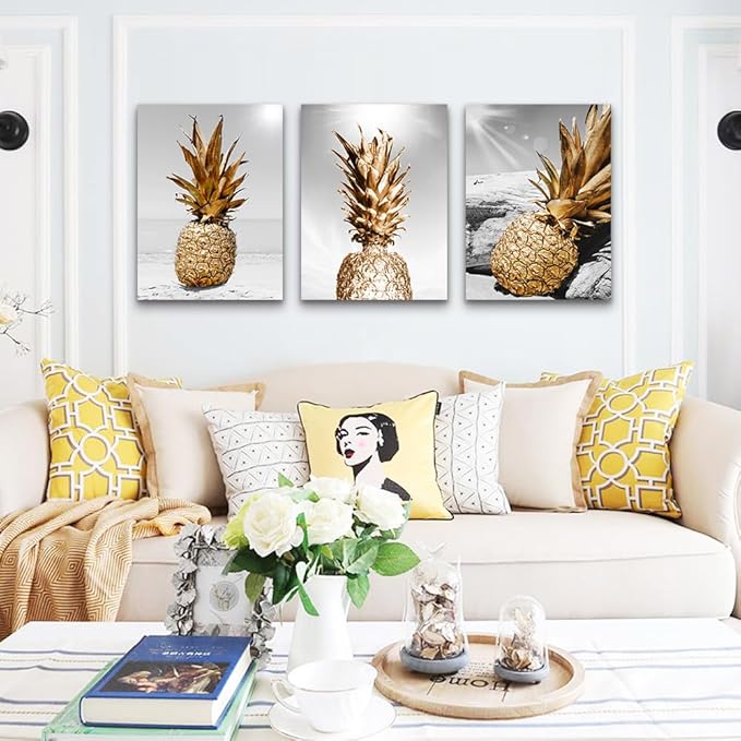Lapremoly Large Wall Decor for Kitchen Dining Room Artwork Black And White Wall Painting 3 Piece Canvas Wall Art For Living Room Beach Scenery Pineapple Pictures Restaurant Framed Wall Decoration