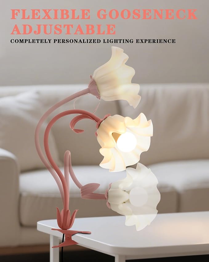 Flower Lamp Clip on Light, 3 Color Modes Eye-Caring Desk Lamp with Clamp, Dorm Room Essentials, Flexible Neck Reading Clamp Lamps for College Bedside Bookshelf Studying Room (Pink)