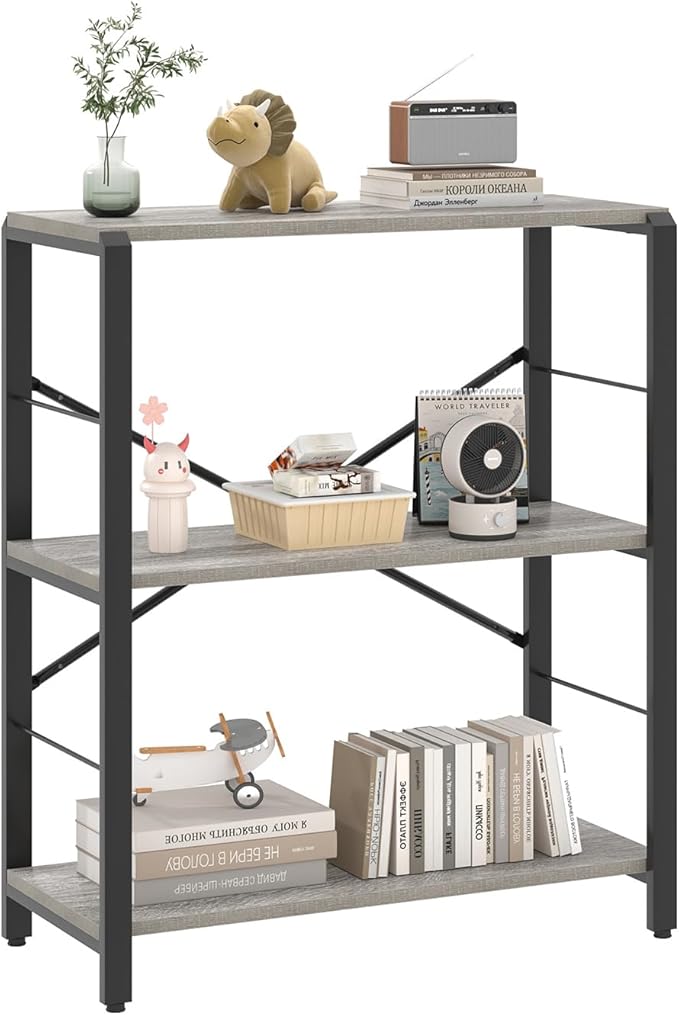 FOLUBAN Small Bookshelf and Bookcase, 3 Tier Low Short Book Shelves, Rustic Wood and Metal Shelving Unit for Small Spaces, Bedroom Living Room, Light Grey