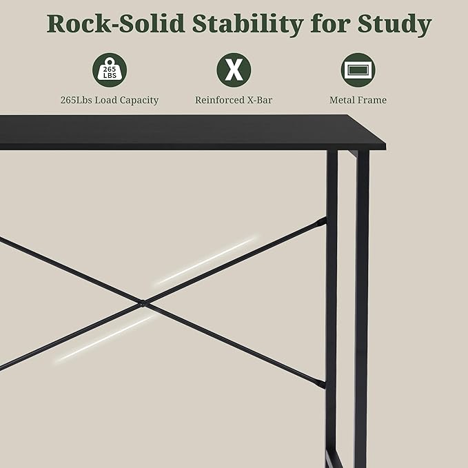 Computer Desk 32 Inch, Simple Home Office Desk Study Writing Table, Sturdy Metal Frame, Scratch-Resistant MDF Desktop for Bedroom Dorm Workspace Small Space, Black