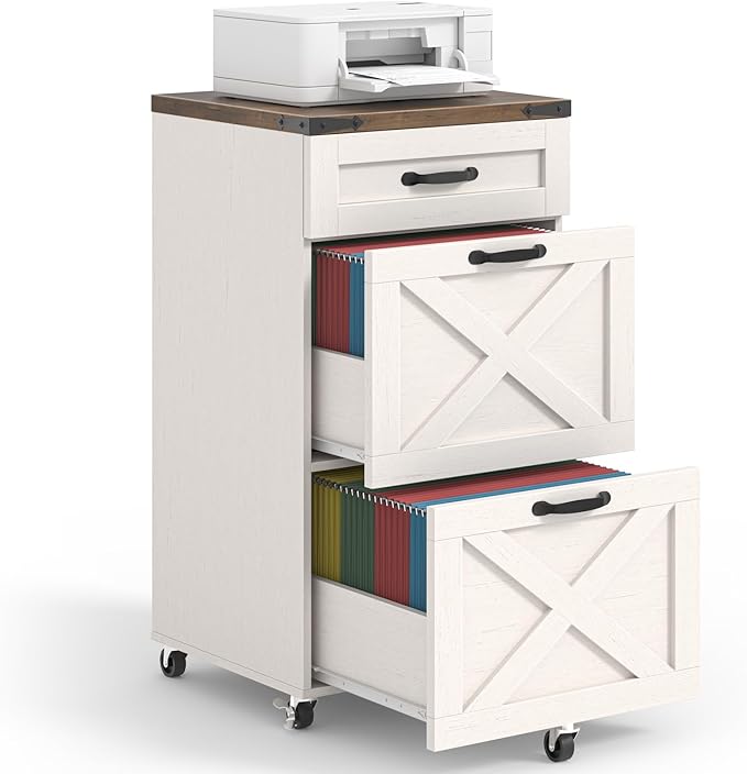 3 Drawer Small File Cabinet with Wheels, Farmhouse Vertical Filing Cabinet Fits Letter/A4 Size, Rolling File Cabinets Wooden Printer Stand for Home Office, Rustic White