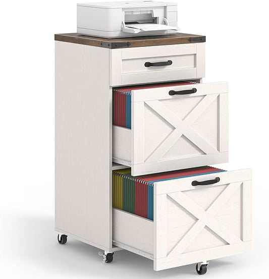 3 Drawer Small File Cabinet with Wheels, Farmhouse Vertical Filing Cabinet Fits Letter/A4 Size, Rolling File Cabinets Wooden Printer Stand for Home Office, Rustic White