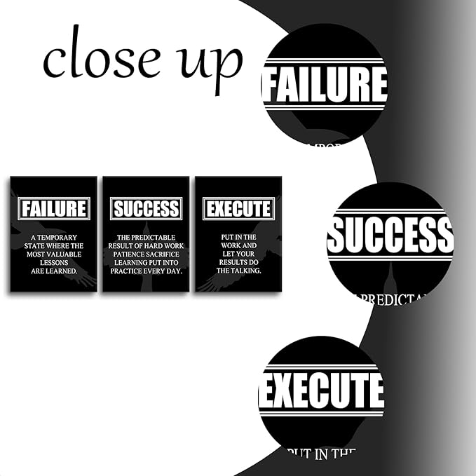 Inspirational Poster Home Wall Decor Motivational Canvas Painting Wall Art Failure Success Execute Noun 3 Pieces Positive Prints Picture Artwork School Office Decor Framed[36" W X 16" H]