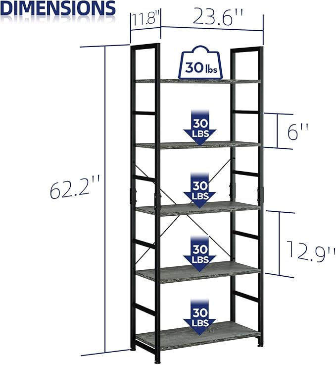 NUMENN 5 Tier Bookshelf, Tall Bookcase Shelf Storage Organizer, Modern Book Shelf for Bedroom, Living Room and Home Office, Dark Grey
