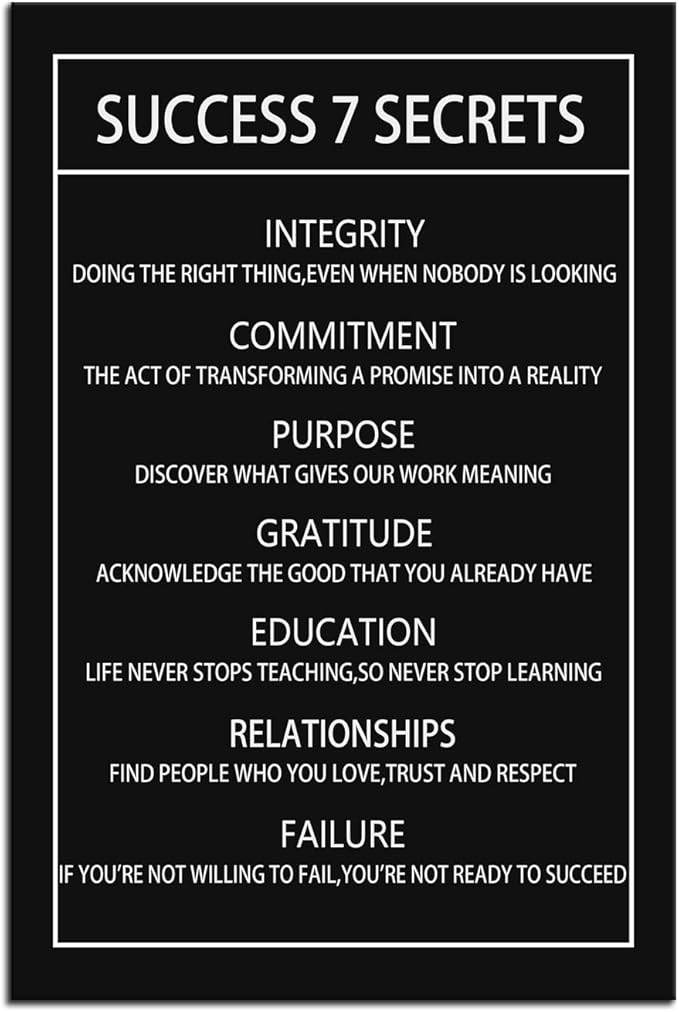 Motivational Canvas Wall Art for Office Inspirational Success 7 Secrets Poster Print Artwork Painting Picture for Framed Home Decoration Living Room Bedroom Ready to Hang [12''W X 18''H]