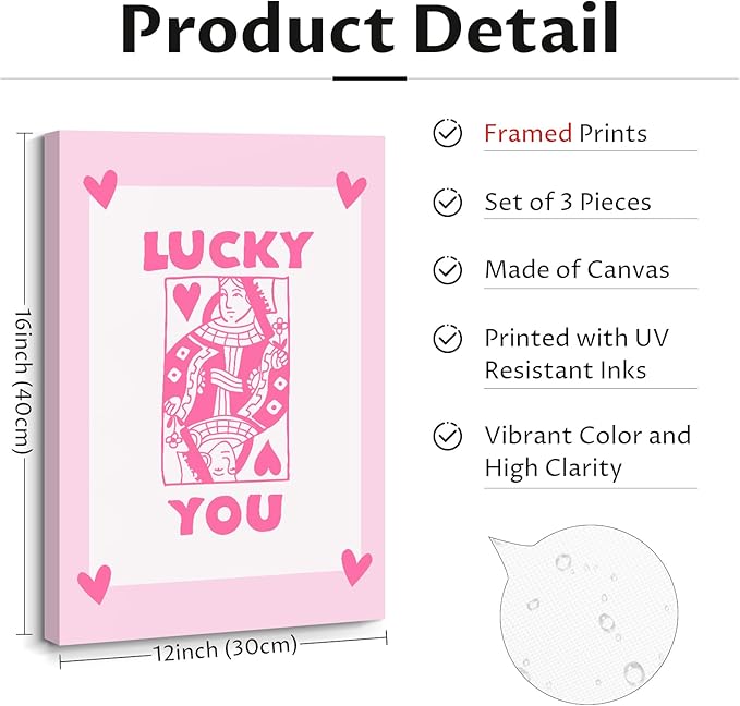 Lucky You Pink Wall Art Guest Check Preppy Wall Decor Trendy Aesthetic Canvas Wall Art Funky Retro Poster Hearts Cute Picture Prints Inspirational Artwork for Room Bedroom 12x16 Inch Framed Set of 3