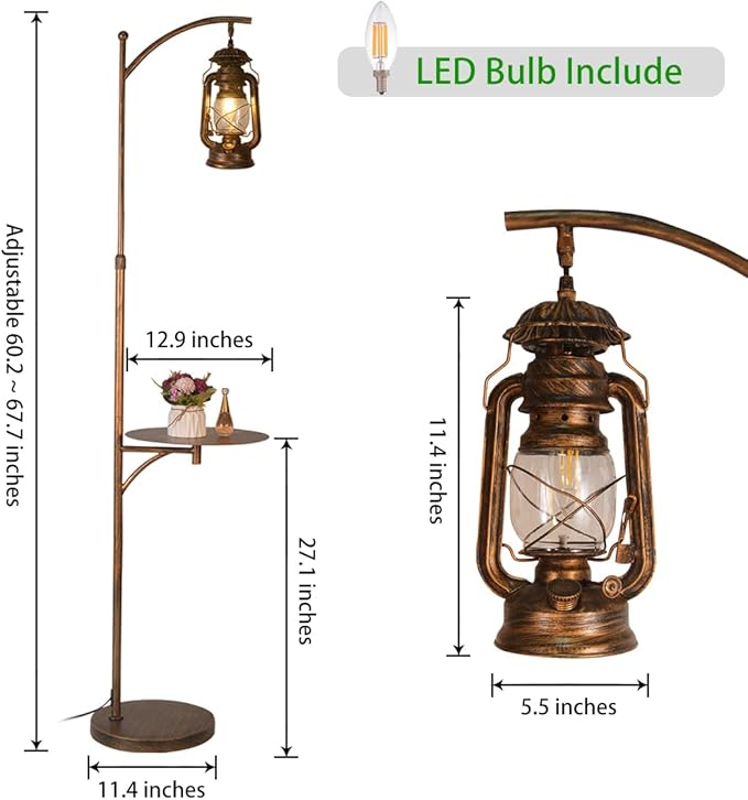 beaysyty Farmhouse Adjustable Floor Lamps with Tray Lantern Tall Standing lamp for Bedroom Home Decor for Office Cafe Den Living Room Bedroom, On/Off Foot Switch and Brushed Rustic (Red Copper)