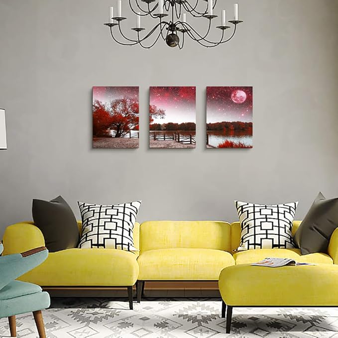 Wall Art Decor Poster Living Room abstract Red Tree Moon Starry Sky Landscape Painting Bathroom Wall Decor Bedroom Canvas Prints 3 Piece Picture Works Ready to Hang Office Home decoration Artwork