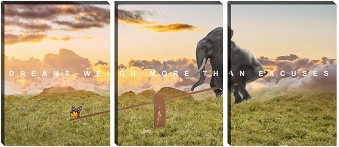 Motivational Canvas Wall Art Inspirational Quotes Poster Modern 3 Pieces Entrepreneur Office Wall Decoration Elephant Painting Decor for Bedroom Stretched and Framed Ready to Hang(48''Wx24''H)