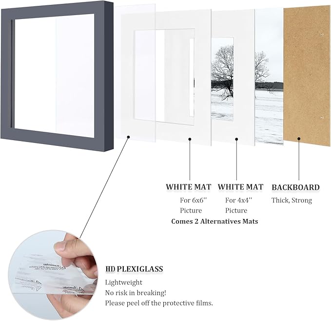 Egofine 8x8 Picture Frames 4 Pack for Picture 4x4 with Mat or 8x8 whitout Mat Made of Solid Wood Covered by Plexiglass for Table Top Display and Wall Mounting Photo Frame, Dark Gray