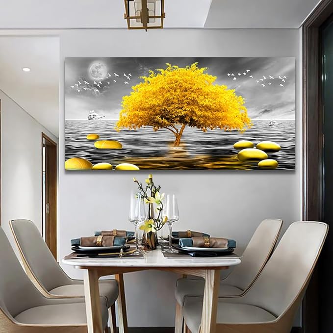 Wapluam Wall Decor - Large Canvas Wall Art for Living Room, Office, Modern Bedroom - Black and White View - Yellow Tree Pictures - 48x24in