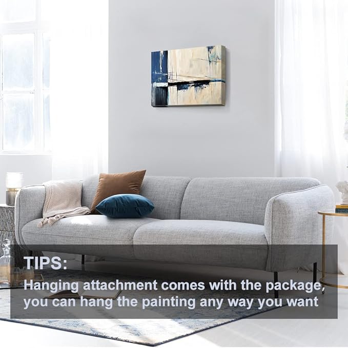 Large Abstract Canvas Wall Art Modern Geometric Art Paintings Blue Blocks and Lines Painted on Cream Background Elegantly Framed Artwork Pictures for Living Room Bedroom Wall Decor 24x16in