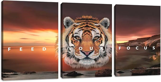 Motivational Wall Art, Inspirational Canvas Wall Art for Office, 3 Pieces Tiger Painting Posters Prints for Entrepreneur Living Room Bedroom Dorm(60''Wx28''H)