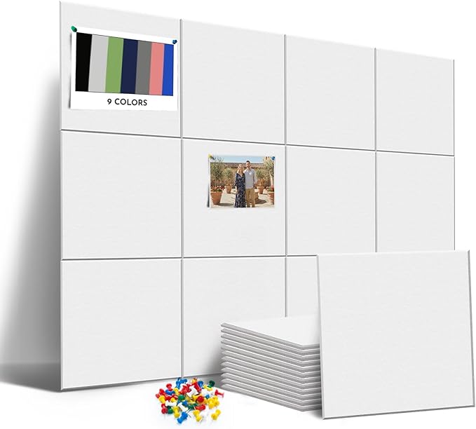 MISSDAY White Acoustic Wall Panel Felt Bulletin Board 48" x 36" Cork Board for Wall, 12-Pack Boards with 72 Removable Adhesive Tabs, 50 Pins, Pin Board for Home Office Classroom Soundproof Wall Tile
