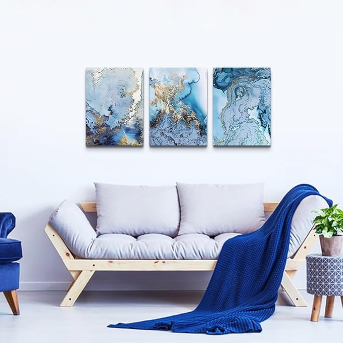 Lapremoly Abstract Canvas Wall Art For Living Room Bedroom Wall Decoration Office Decor Pictures Blue Watercolor Paintings Ready To Hang Home Artwork Framed Canvas prints Decor 3 Pieces