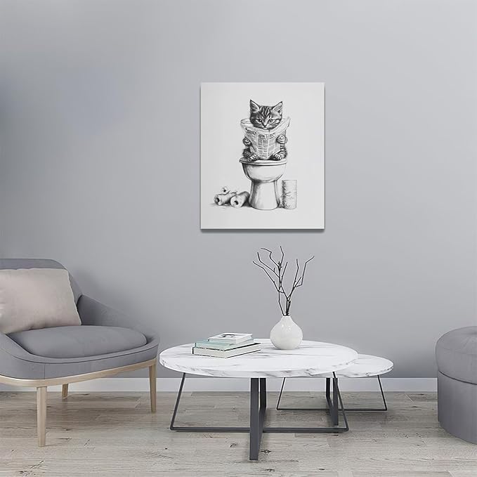 Cat Bathroom Wall Art Black and White Cat Pictures Wall Decor Funny Animal Canvas Painting Print Modern Home Decoration Artwork Framed 20"x24"